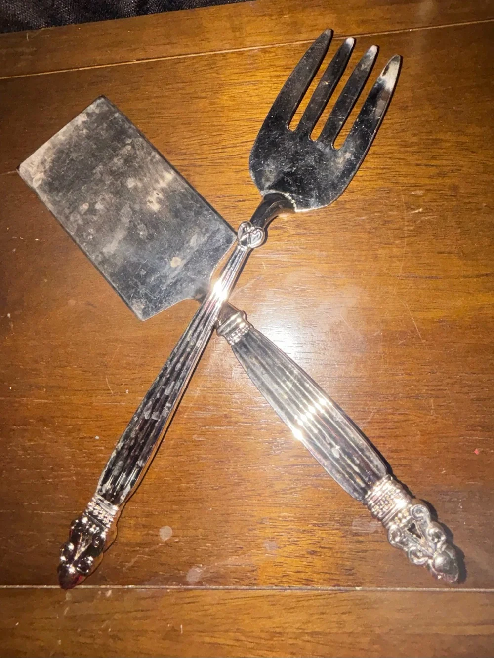 Ornate Silver Serving Spade and Fork Set - Polished Silver Finish